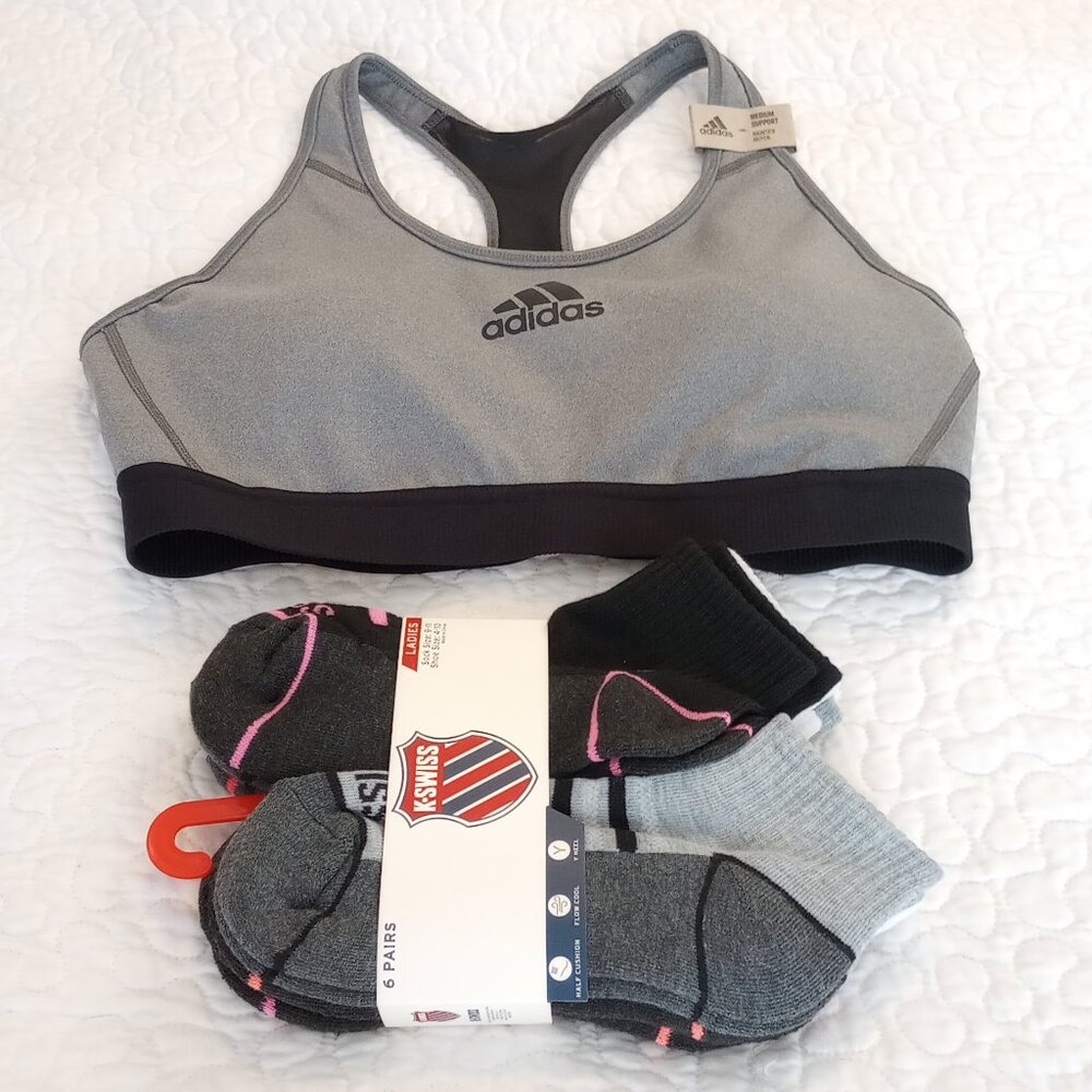 Adidas Grey Racerback Medium-Support Sports Bra & Socks Bundle NWOT